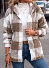Plaid Double Side Pockets Light Coffee Long Sleeve Coat