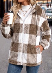 Plaid Double Side Pockets Light Coffee Long Sleeve Coat