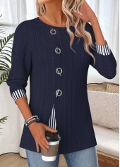 Striped Patchwork Navy Long Sleeve Round Neck Blouse