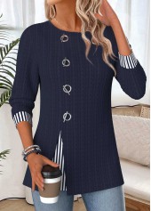Striped Patchwork Navy Long Sleeve Round Neck Blouse