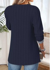 Striped Patchwork Navy Long Sleeve Round Neck Blouse