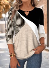 Geometric Print Shirred Light Coffee 3/4 Sleeve Blouse