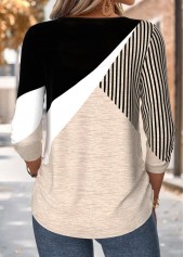 Geometric Print Shirred Light Coffee 3/4 Sleeve Blouse