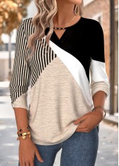 Geometric Print Shirred Light Coffee 3/4 Sleeve Blouse