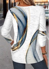 Geometric Print Curved Hem White Long Sleeve T Shirt