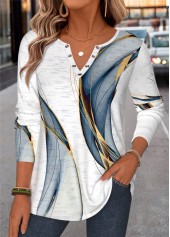 Geometric Print Curved Hem White Long Sleeve T Shirt