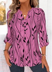 Leaf Print Curved Hem Violet Long Sleeve Shirt