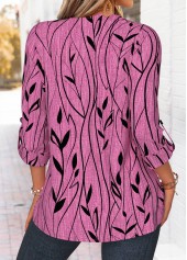 Leaf Print Curved Hem Violet Long Sleeve Shirt