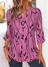 Leaf Print Curved Hem Violet Long Sleeve Shirt