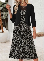 Ditsy Floral Print Two-piece Black Dress and Cardigan