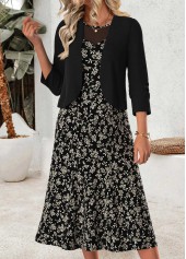 Ditsy Floral Print Two-piece Black Dress and Cardigan