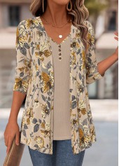 Floral Print Light Camel Fake Two Piece Twinset