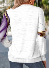Geometric Print Zipper Purple Long Sleeve Round Neck Sweatshirt