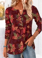 Leaf Print Tummy Coverage Red T Shirt