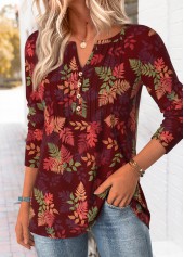 Leaf Print Tummy Coverage Red T Shirt