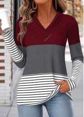 Geometric Print Shirred Wine Red Long Sleeve T Shirt