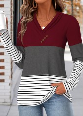 Geometric Print Shirred Wine Red Long Sleeve T Shirt