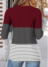 Geometric Print Shirred Wine Red Long Sleeve T Shirt