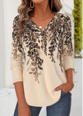 Floral Print Curved Hem Light Coffee T Shirt