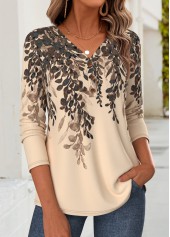 Floral Print Curved Hem Light Coffee T Shirt