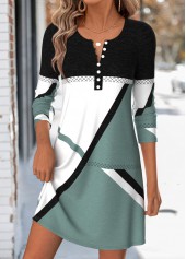 Geometric Print Tummy Coverage Sage Green Short Dress