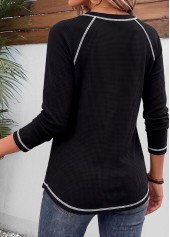 Patchwork Black Long Sleeve Split Neck T Shirt