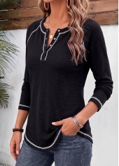 Patchwork Black Long Sleeve Split Neck T Shirt