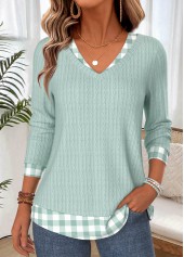 Plaid Fake 2in1 Green Long Sleeve T Shirt