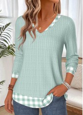 Plaid Fake 2in1 Green Long Sleeve T Shirt