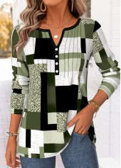 Geometric Print Curved Hem Green Long Sleeve T Shirt