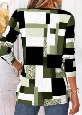 Geometric Print Curved Hem Green Long Sleeve T Shirt