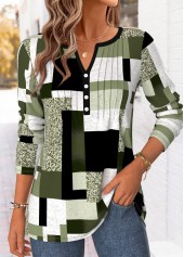 Geometric Print Curved Hem Green Long Sleeve T Shirt