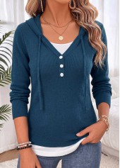 Fake 2in1 Peacock Blue Long Sleeve Hooded Sweater