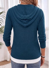Fake 2in1 Peacock Blue Long Sleeve Hooded Sweater