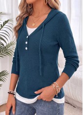 Fake 2in1 Peacock Blue Long Sleeve Hooded Sweater