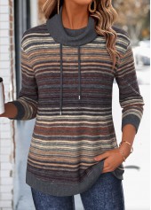Multi Stripe Print Double Side Pockets Dark Grey Sweatshirt