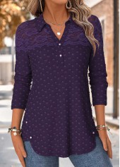 Patchwork Purple Long Sleeve Shirt Collar Blouse