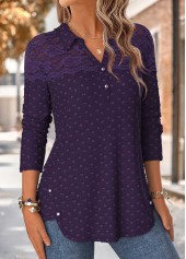 Patchwork Purple Long Sleeve Shirt Collar Blouse