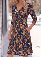 Leaf Print Shirred Navy Long Sleeve V Neck Dress