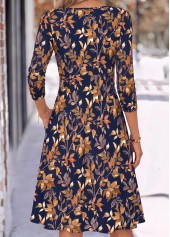 Leaf Print Shirred Navy Long Sleeve V Neck Dress