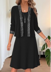 Two-piece Black Long Sleeve Round Neck Dress and Cardigan