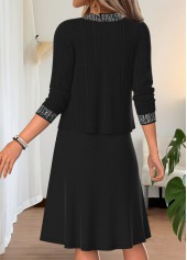 Two-piece Black Long Sleeve Round Neck Dress and Cardigan