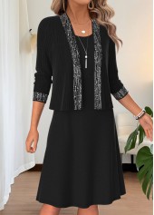 Two-piece Black Long Sleeve Round Neck Dress and Cardigan