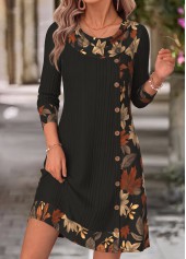 Leaf Print Patchwork Black Short Long Sleeve Dress