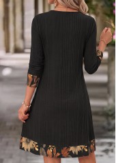 Leaf Print Patchwork Black Short Long Sleeve Dress