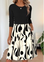 Geometric Print Pleated Black Long Sleeve Round Neck Dress