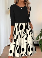 Geometric Print Pleated Black Long Sleeve Round Neck Dress