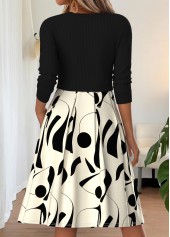 Geometric Print Pleated Black Long Sleeve Round Neck Dress