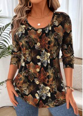 Floral Print Curved Hem Black Long Sleeve T Shirt