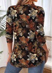 Floral Print Curved Hem Black Long Sleeve T Shirt